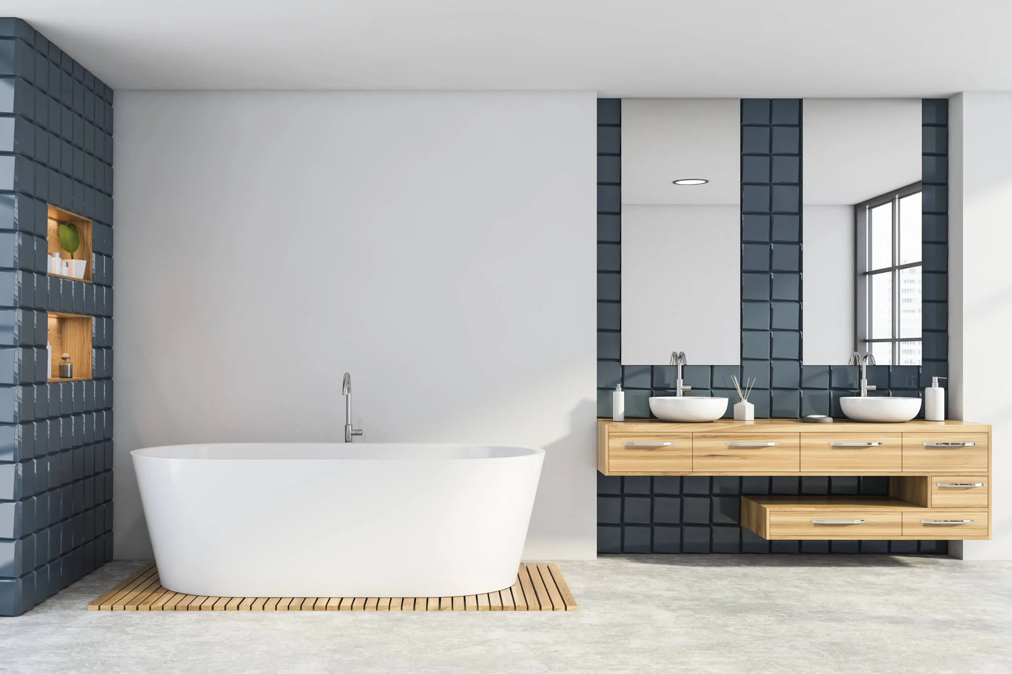 Modern bathroom with black tile detail